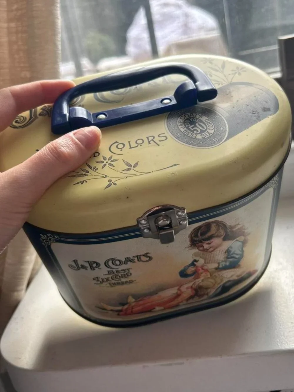 J&P Coats Best Six Cord Thread Sewing Tin with Handle and Latch
